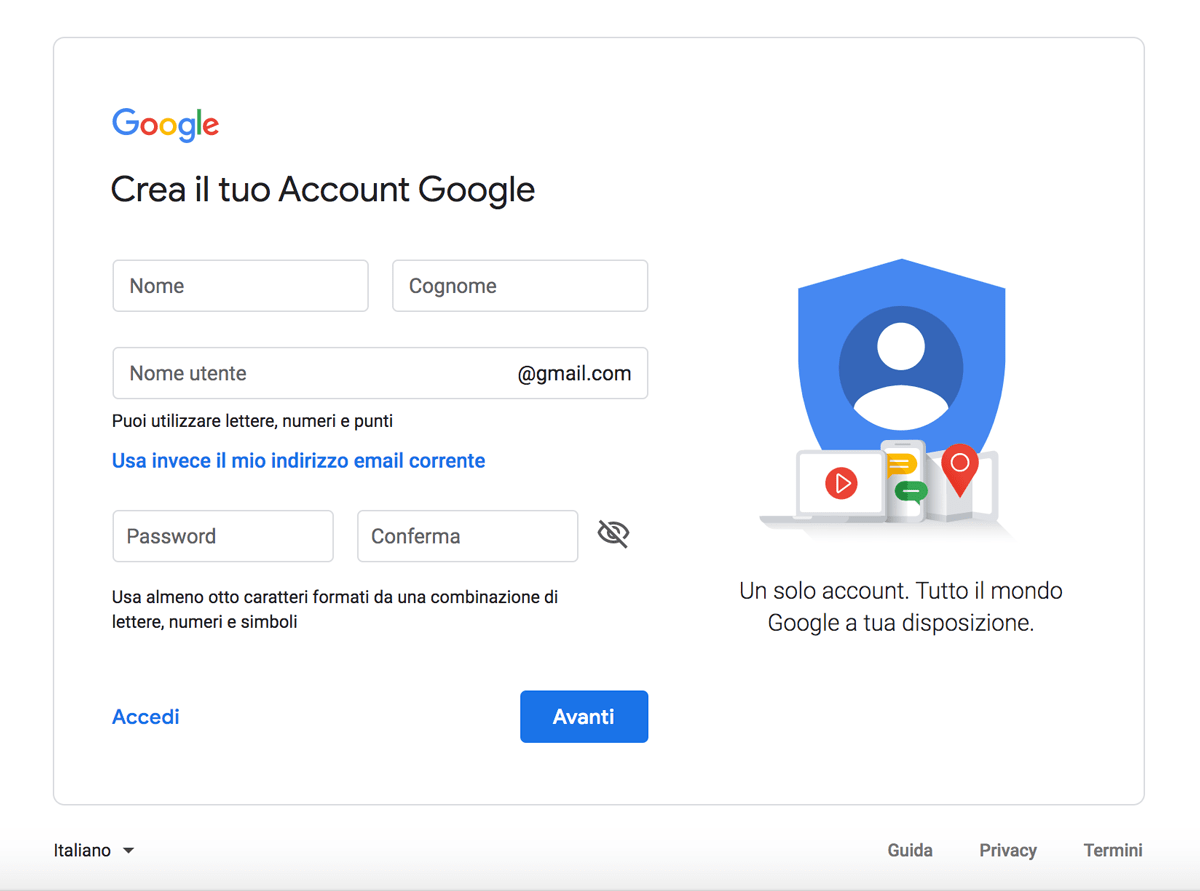 La pagina Crea il tuo account Google.