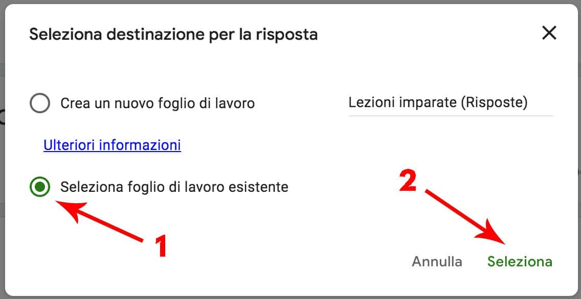 Fai clic su "Seleziona foglio di lavoro esistente", quindi fai clic su "Seleziona".