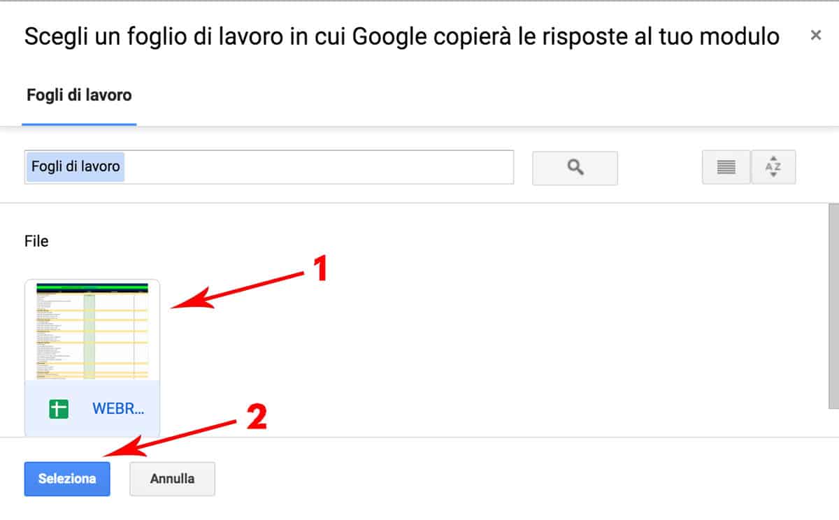 Fai clic sul foglio di calcolo che desideri, quindi fai clic su "Seleziona".