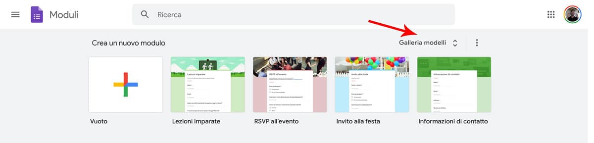 Il link galleria dei modelli di google Forms