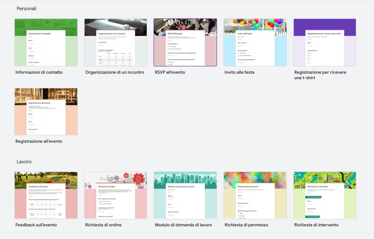 La galleria dei template predefiniti di Google Forms