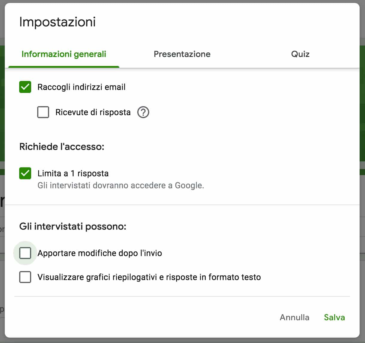 La scheda informazioni Generali in Impostazioni Google Forms