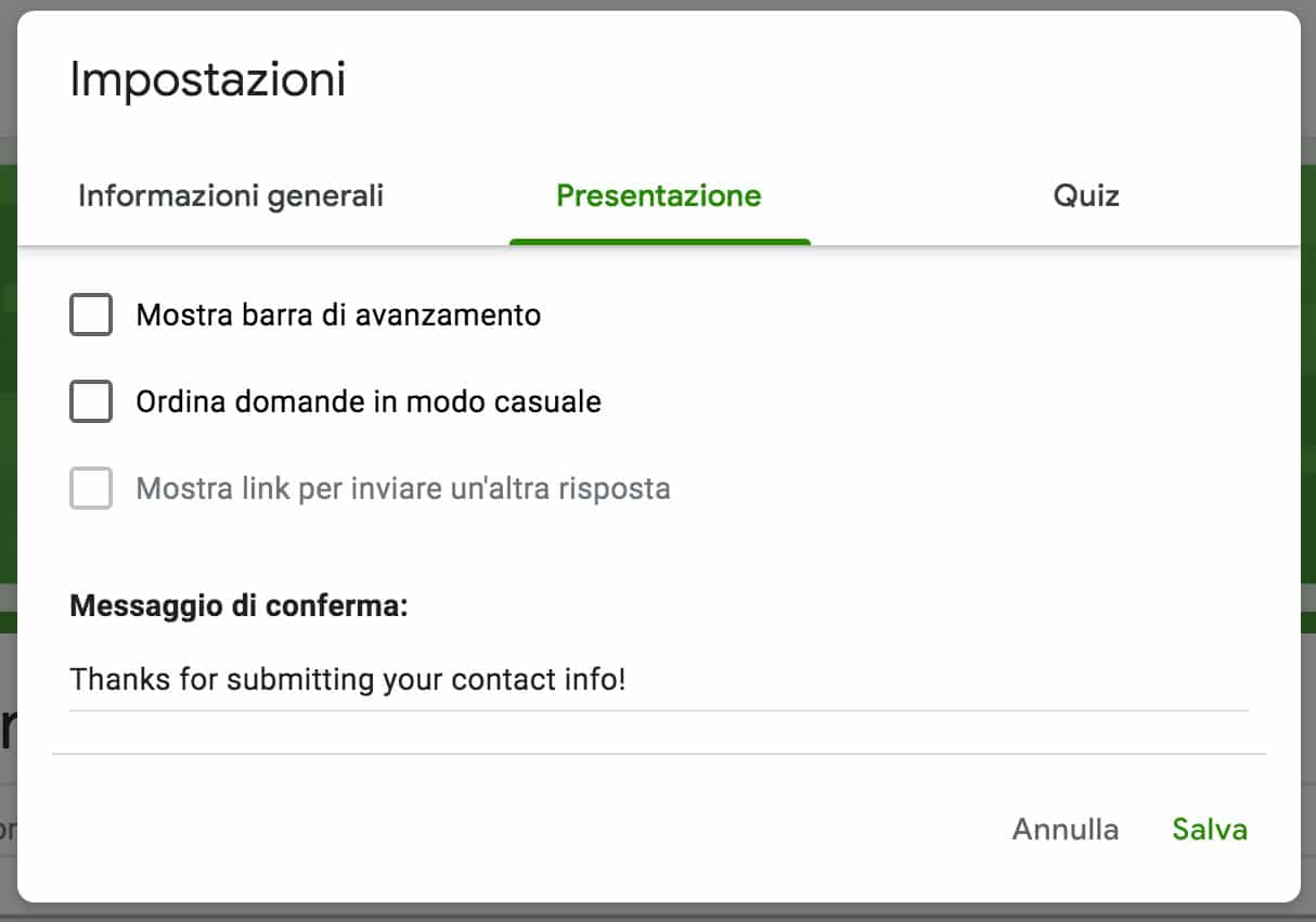 La scheda Presentazione in Impostazioni di Google Forms