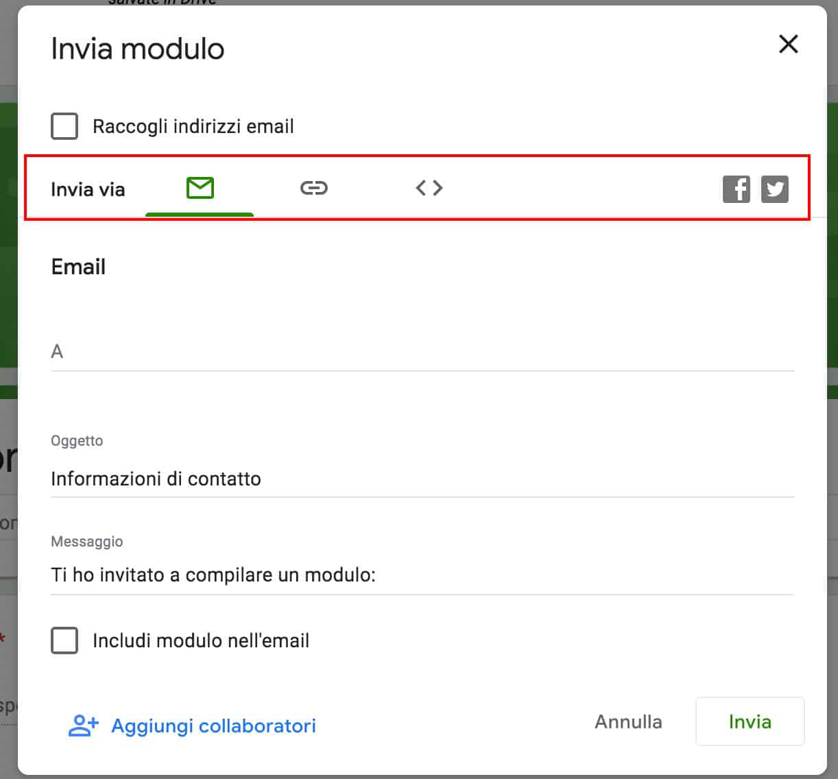 Seleziona come vuoi condividere il tuo modulo Google
