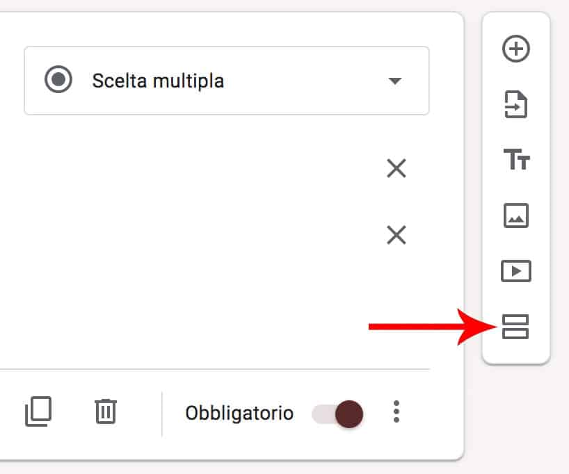 Fai clic sull'icona con due rettangoli per aggiungere una sezione a google forms