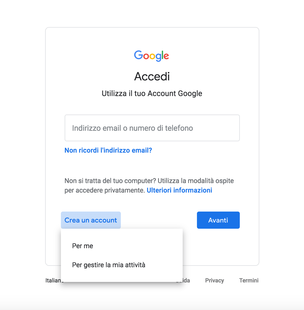 Creare un account Google