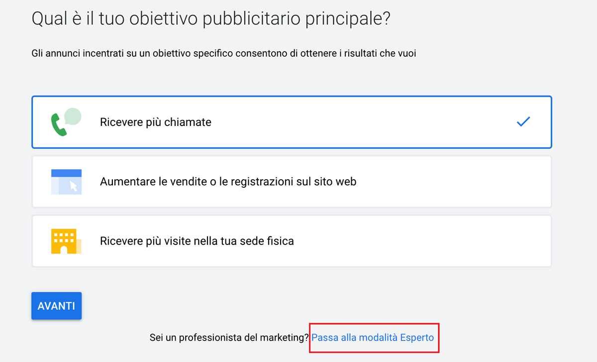 passa alla modalità esperto di keyword planner