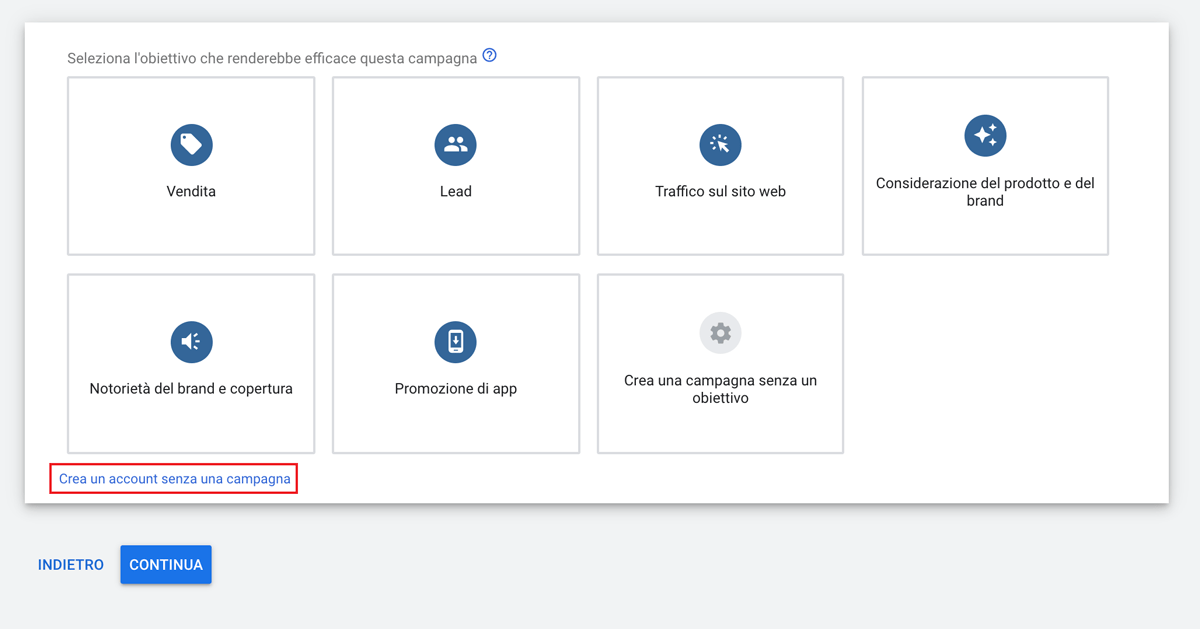 creare un account Google ADS senza campagna