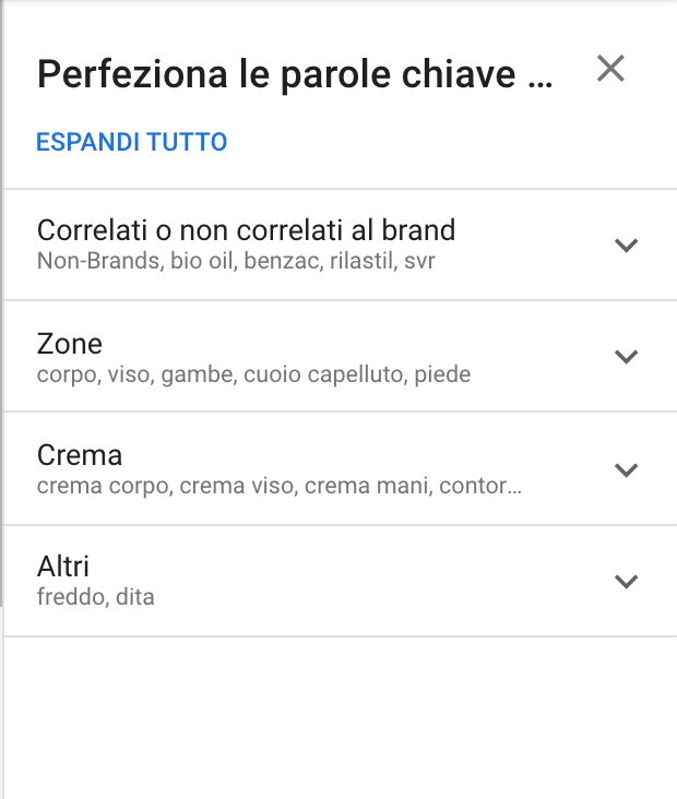 Perfeziona le keyword