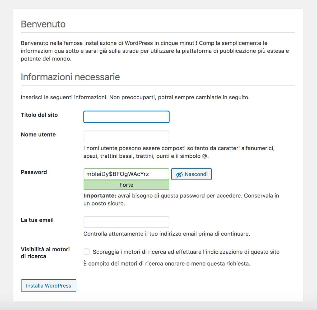 immetti i dati del sito e utente e password