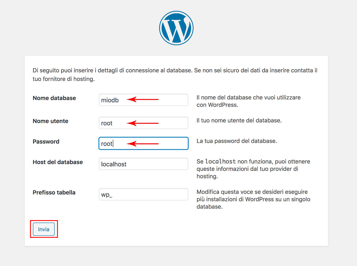 impostazioni di connessione al database wordpress