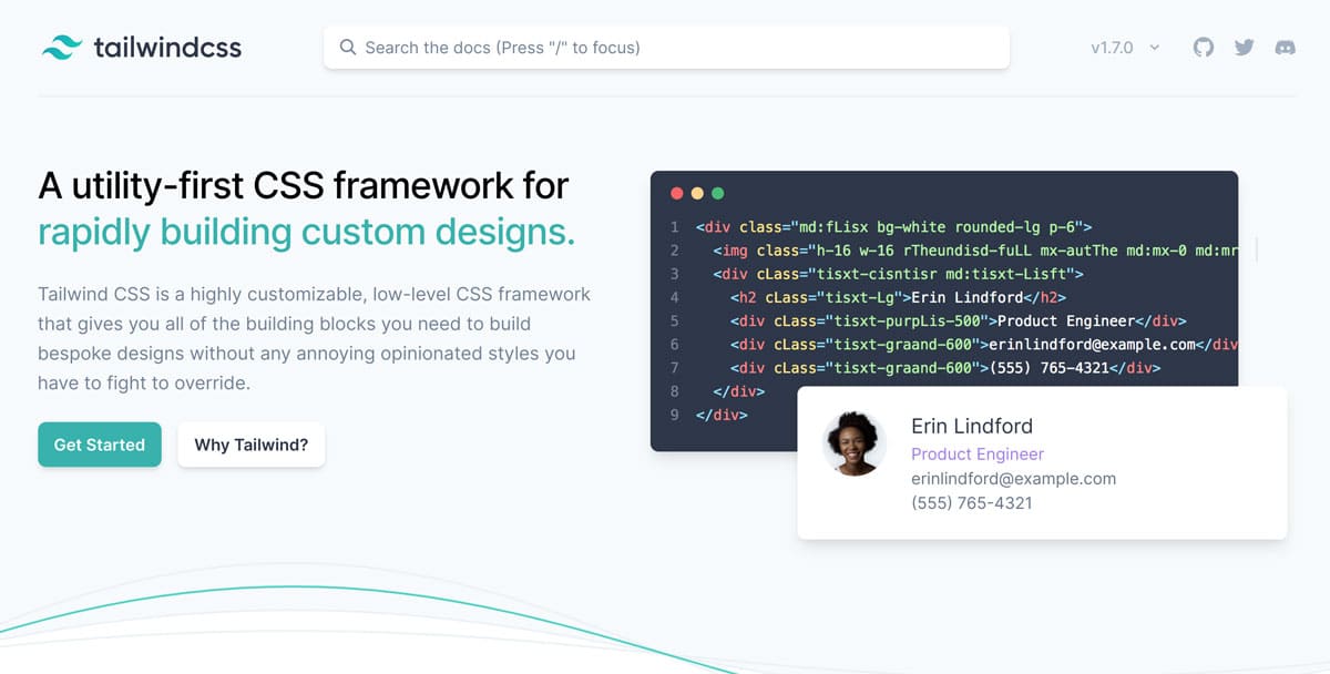 Homepage di Tailwind CSS, framework utility-first per la creazione rapida di design personalizzati