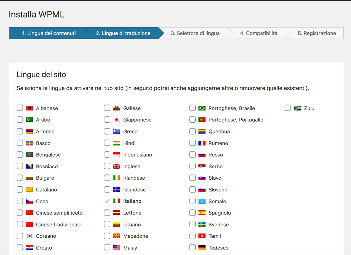 WPML selezione delle lingue di traduzione