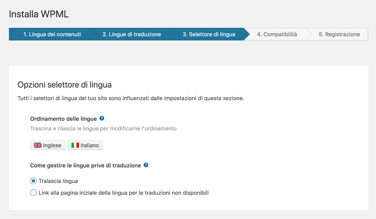 WPML opzioni del selettore di lingua