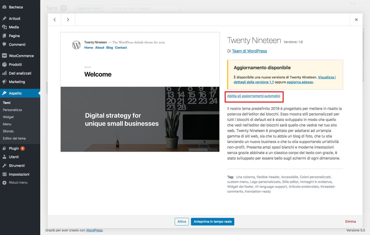 aggiornamento automatico del tema in WP 5.5