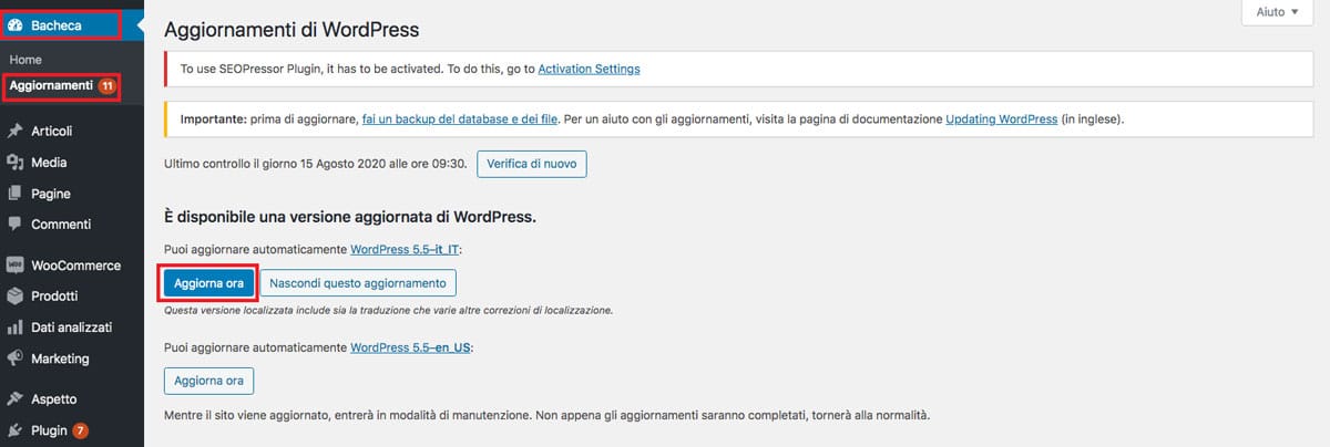 aggiornamenti wordpress