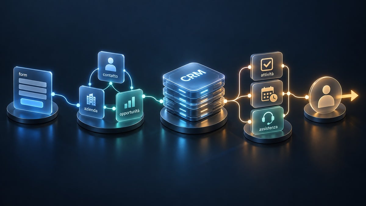 CRM: cos’è, cosa significa, come funziona e a cosa serve 1 Schema del flusso CRM da un nuovo contatto alla gestione dell’opportunità e delle attività