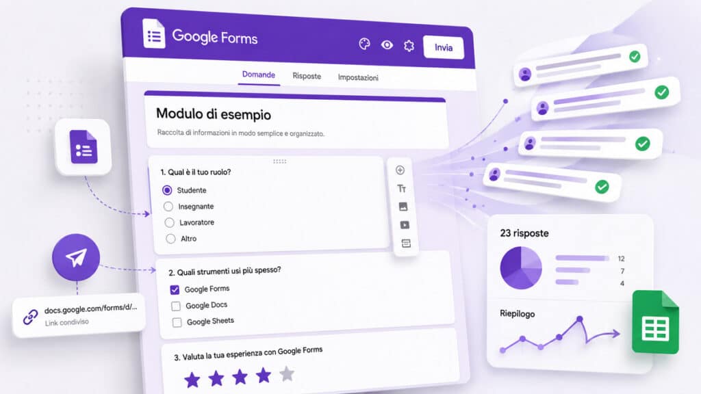 Google Forms: cos’è, come funziona e come creare moduli, sondaggi e quiz 1 Flusso di Google Forms dalla creazione del modulo alla raccolta e analisi delle risposte