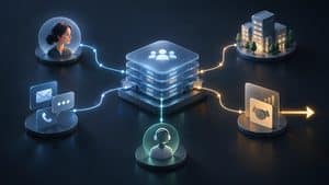 Rappresentazione del CRM come sistema che collega clienti, dati, opportunità e attività