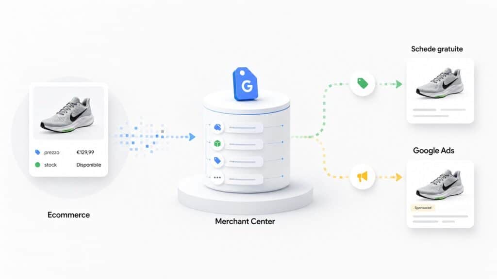 Google Shopping: cos’è, come funziona e come vendere con Merchant Center 1 Flusso da ecommerce a Merchant Center, schede gratuite e campagne Google Ads