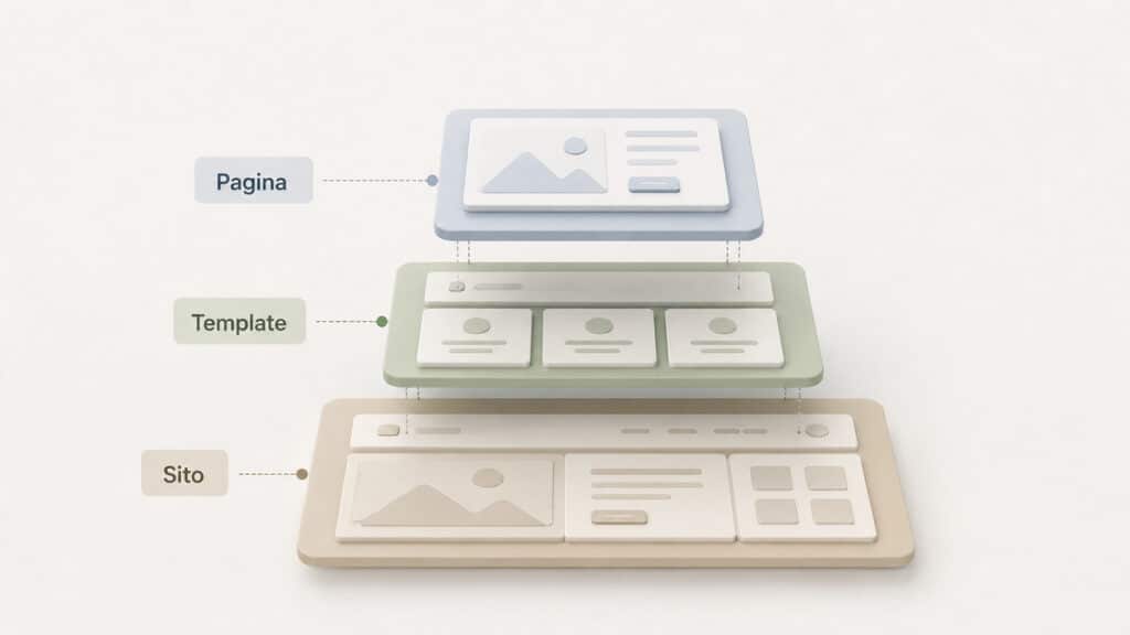 Page builder WordPress: quali scegliere e come confrontarli davvero 1 Differenza tra page builder, theme builder e site builder rappresentata attraverso pagina, template e intero sito