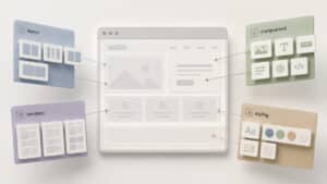 Struttura modulare di una pagina web costruita attraverso layout, componenti, template e styling