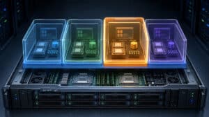 Server fisico suddiviso in più macchine virtuali isolate con un ambiente VPS evidenziato