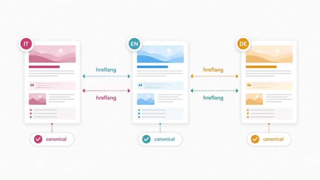 WPML: guida completa per creare un sito WordPress multilingua 2 Schema di versioni linguistiche collegate da hreflang con canonical sulla rispettiva pagina
