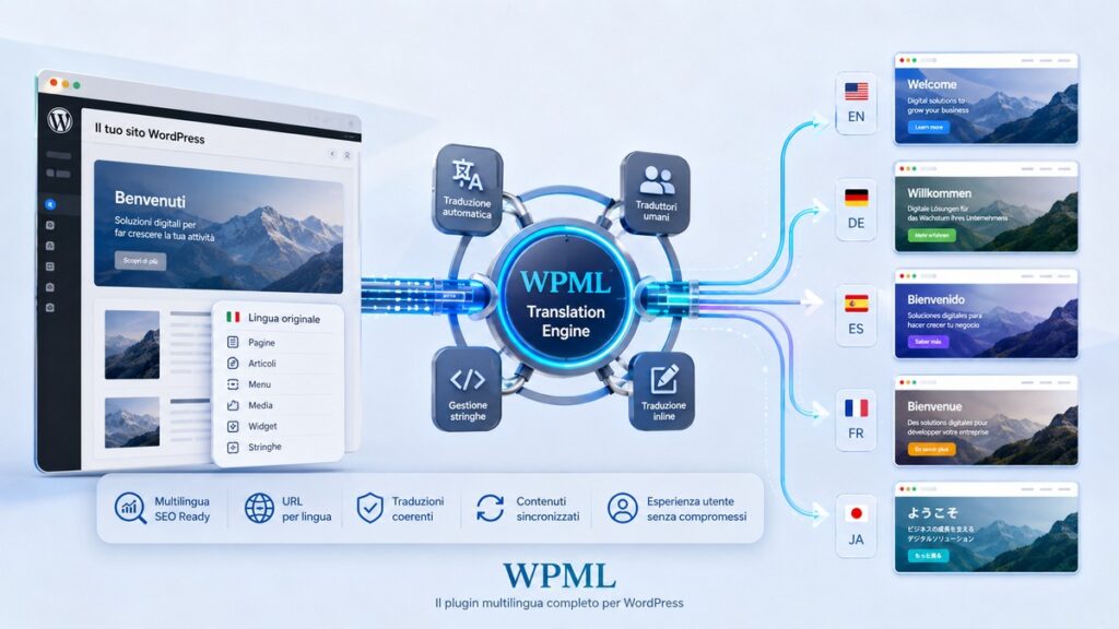 WPML: guida completa per creare un sito WordPress multilingua 1 Workflow WPML per traduzione automatica, traduttori umani e gestione multilingua dei contenuti WordPress