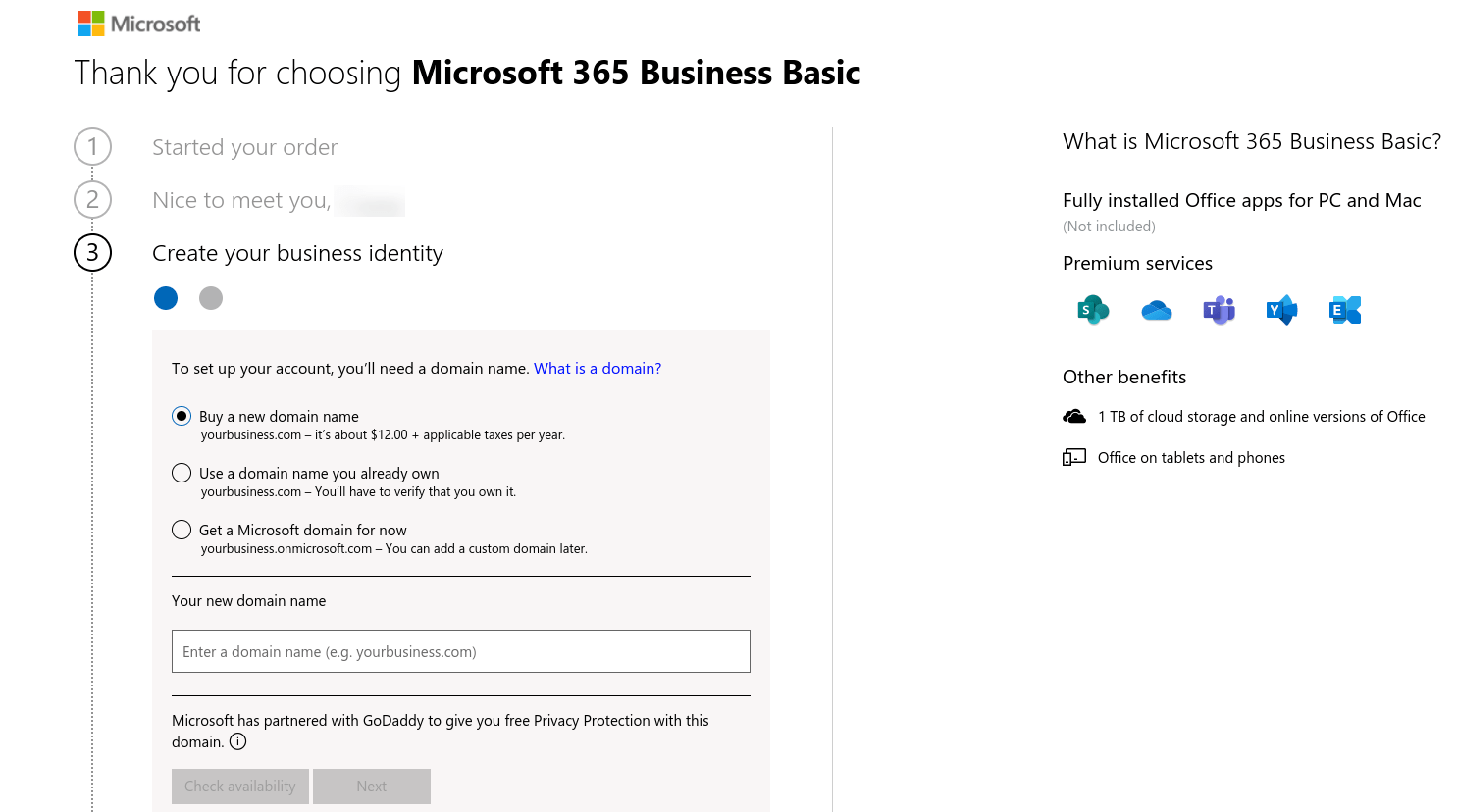 L'opzione per utilizzare un nome di dominio per creare un indirizzo di posta elettronica aziendale di Microsoft 365.