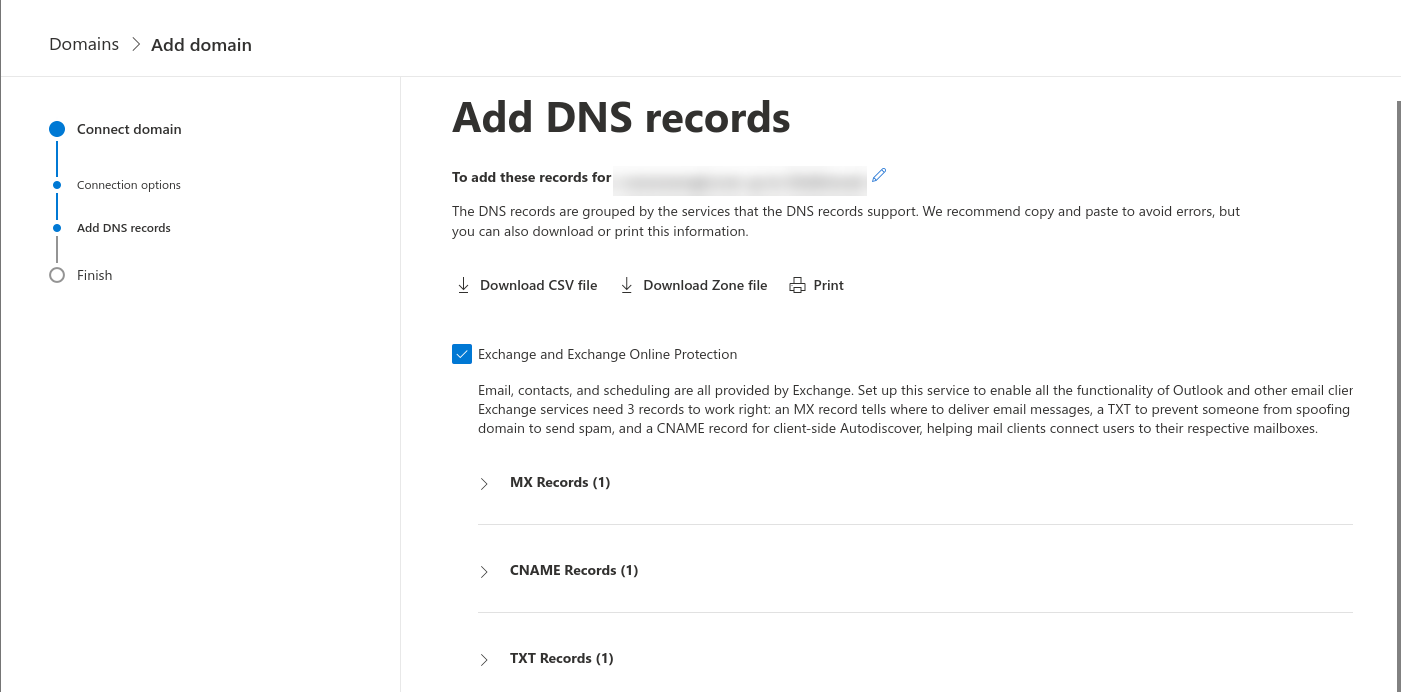 La pagina "Aggiungi record DNS" per configurare un dominio personalizzato con un indirizzo di posta elettronica aziendale Microsoft 365.