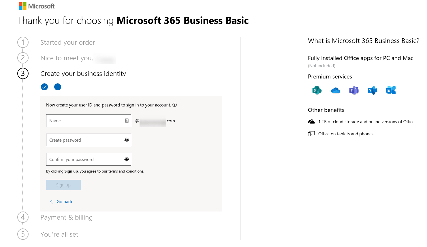 Il modulo per creare un ID utente e una password per Microsoft 365.