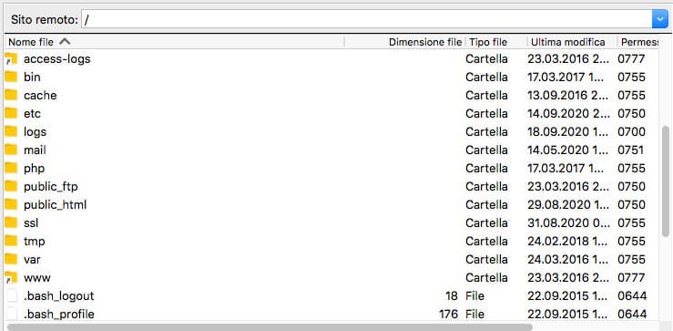 Cartelle di WordPress all'interno di FileZilla ftp