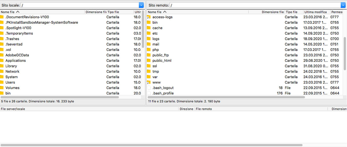 FTP FileZilla connesso a un server web.