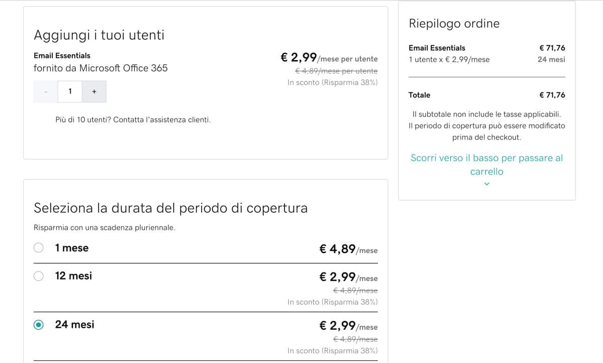 La pagina di acquisto del piano email individuale di GoDaddy.