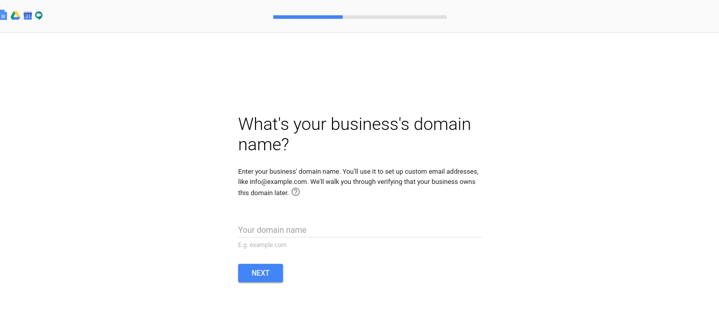 Il luogo in cui inserire il nome del dominio aziendale durante la configurazione di un account G Suite.