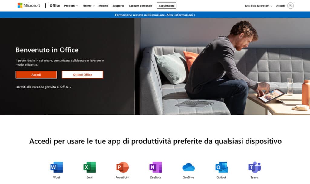 La home page di Office 365.