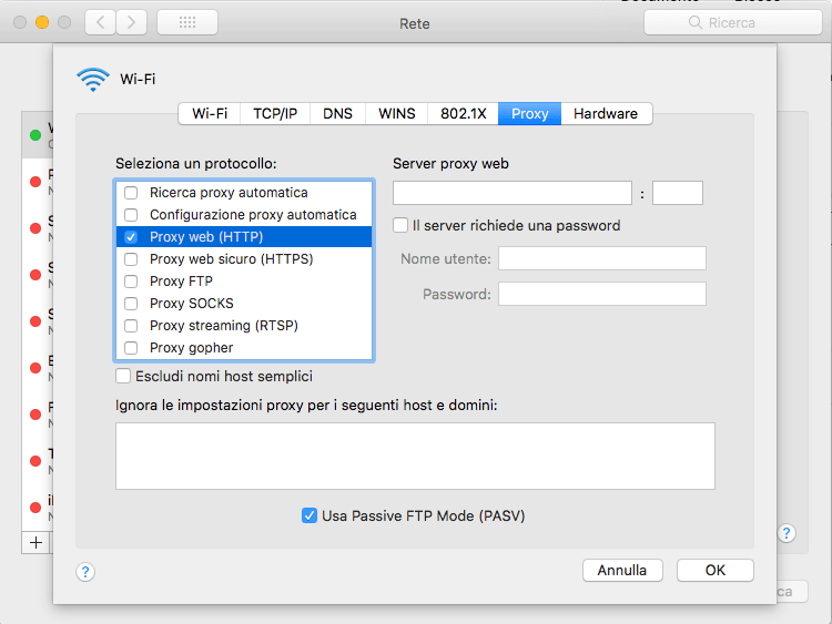 Configurazione di MacOS per utilizzare un server proxy.