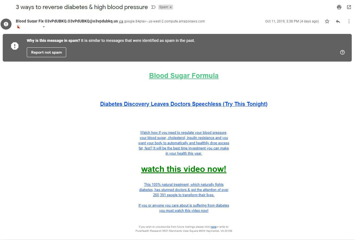 Esempio di un'e-mail di spam che promuove un trattamento del diabete completamente naturale