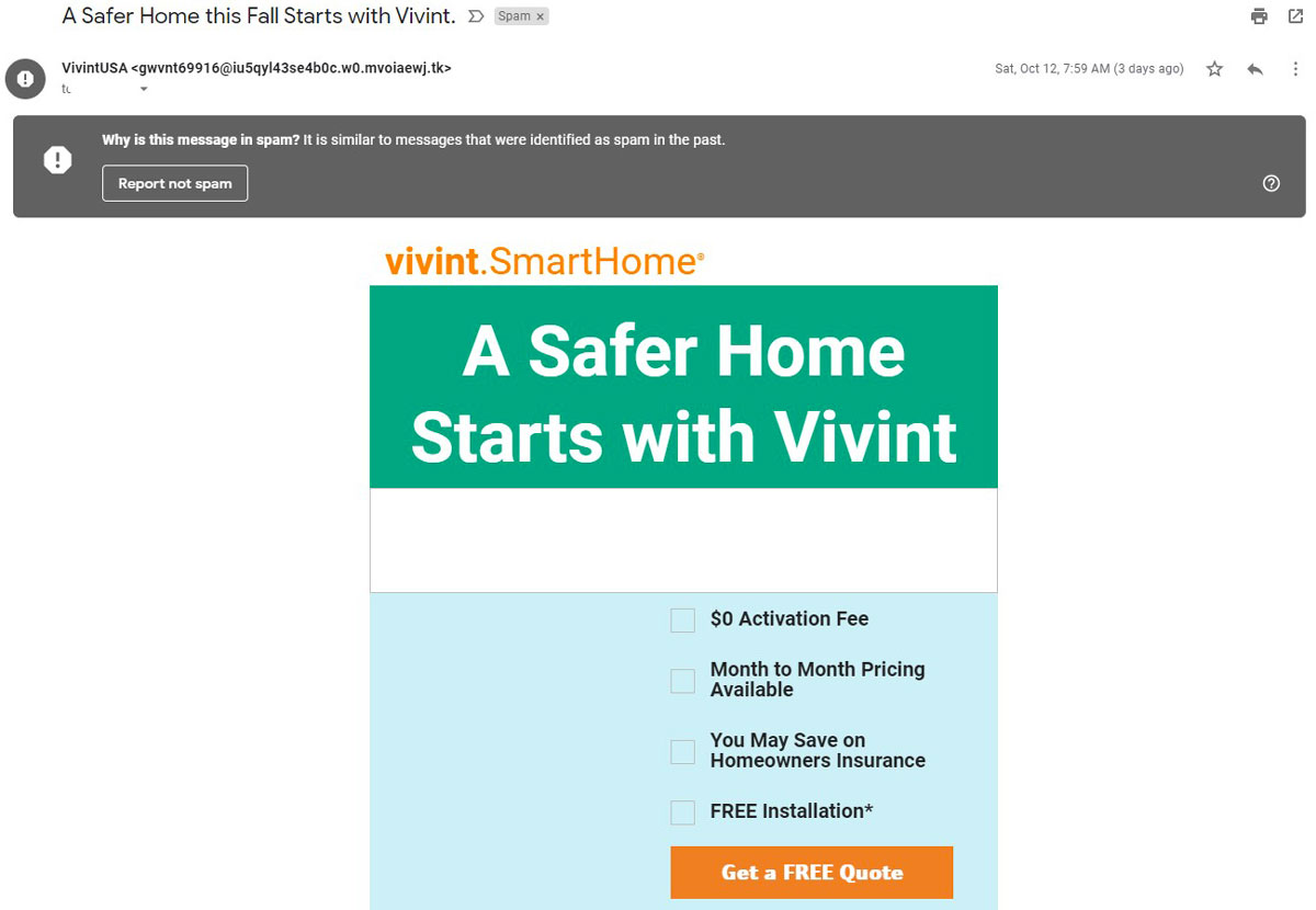 Esempio di un'e-mail spam che promuove una soluzione di assicurazione domestica intelligente