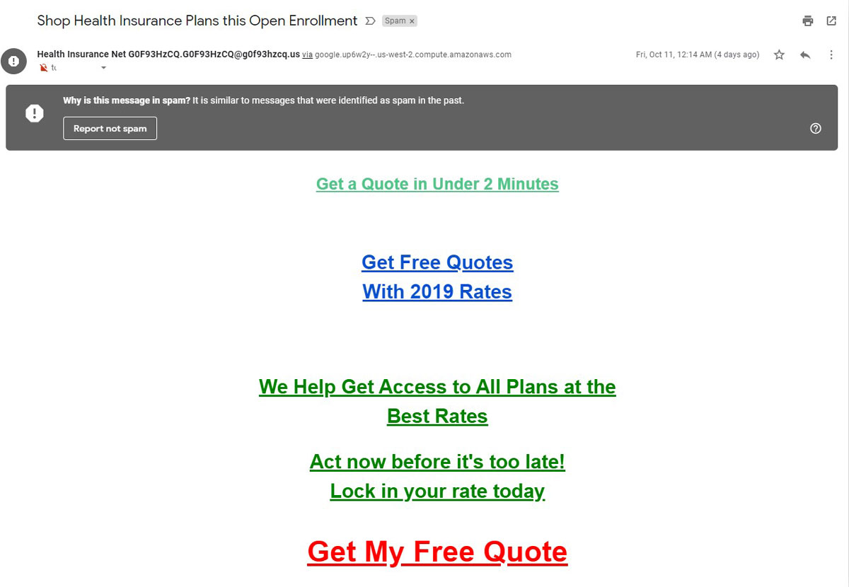 Esempio di un'e-mail di spam che promuove un piano di assicurazione sanitaria
