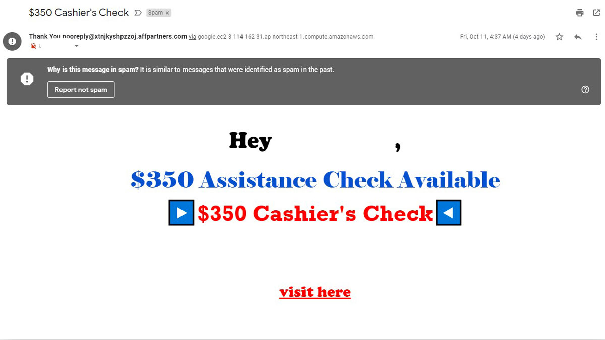 Esempio di un'e-mail di spam che offre un check di assistenza finanziaria