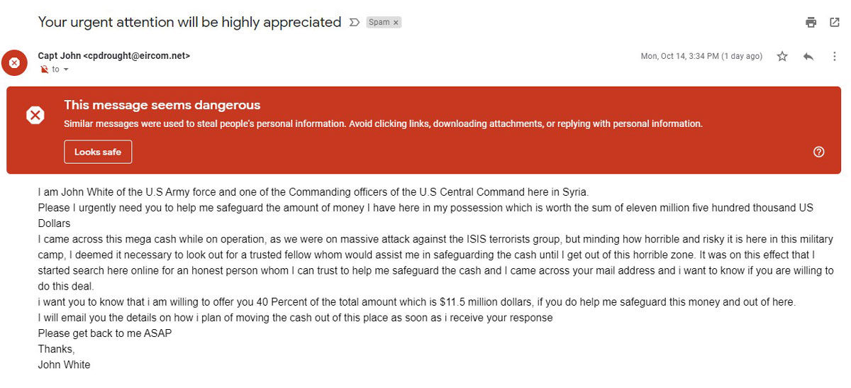 Un esempio di email spam di truffa di phishing a pagamento anticipato