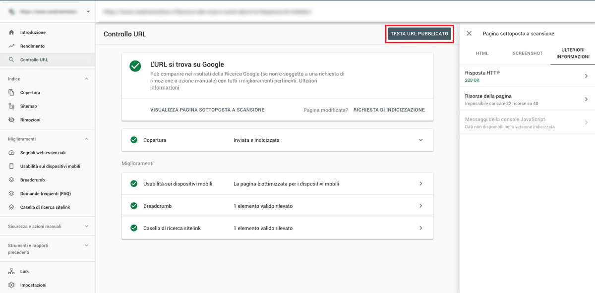 Testare un URL per determinare l'origine di un errore di indicizzazione in Google Search Console.