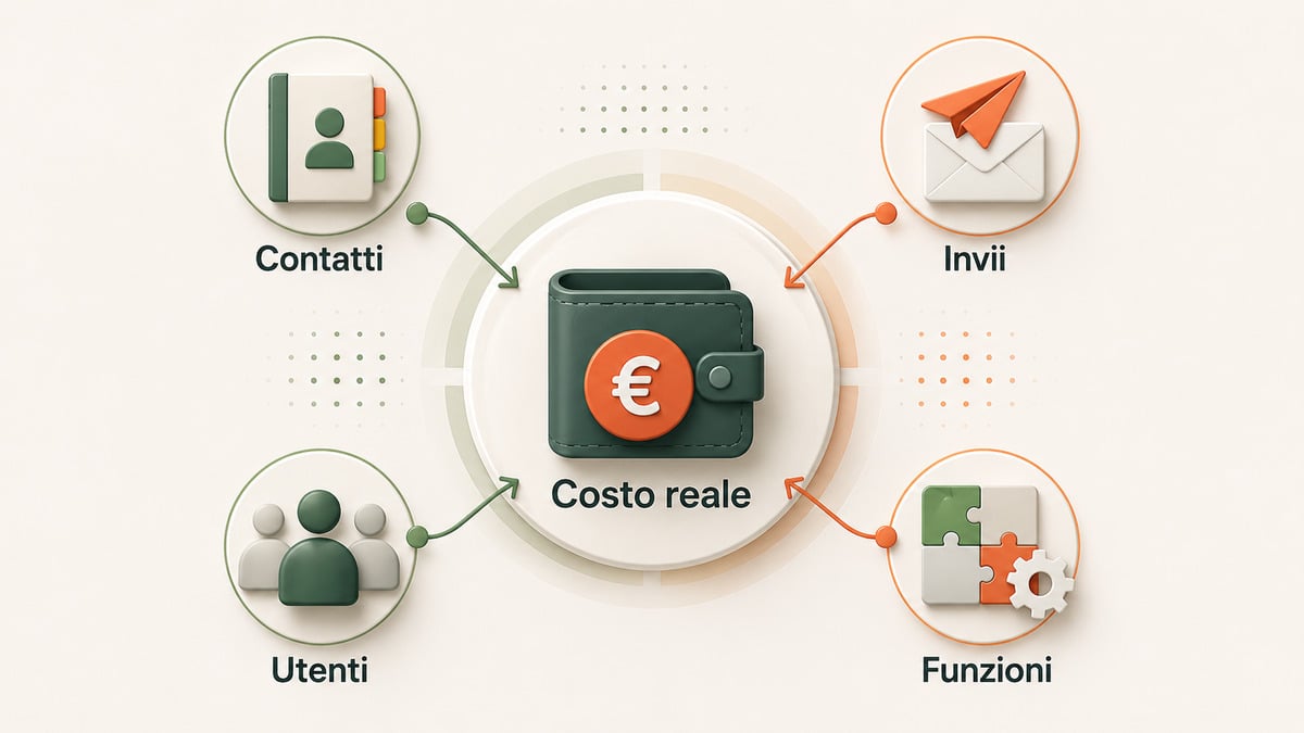 Brevo (ex Sendinblue): recensione, prezzi, pro e contro 1 Schema dei fattori che determinano il costo di Brevo: contatti, invii, utenti e funzionalità