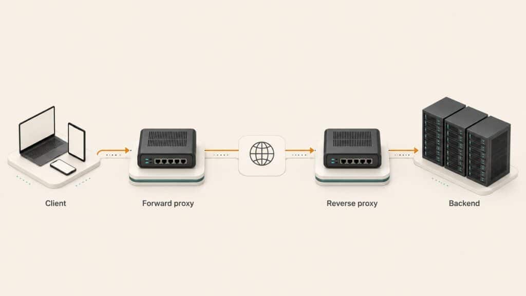 Server proxy: cos’è, come funziona e a cosa serve 1 Posizione di forward proxy e reverse proxy tra client, rete e server backend