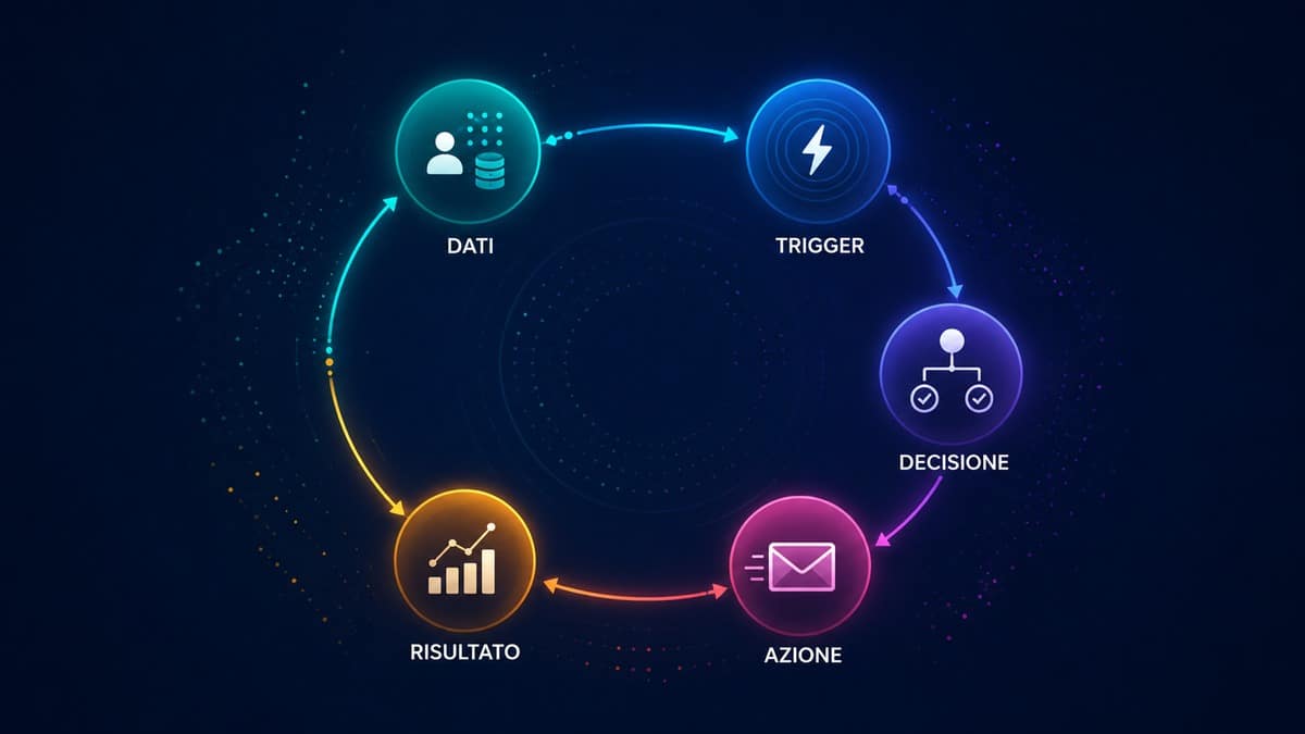 Marketing automation: cos'è, come funziona e quali strumenti scegliere 1 Flusso della marketing automation da dati e trigger fino ad azioni e risultati