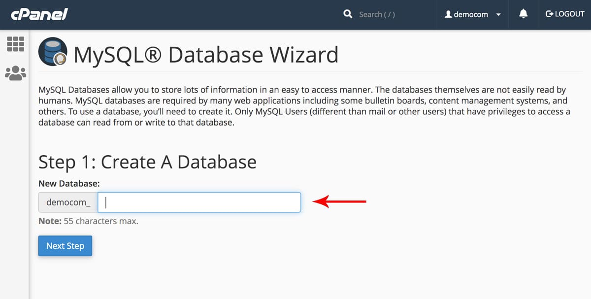 Il campo per il nome del database