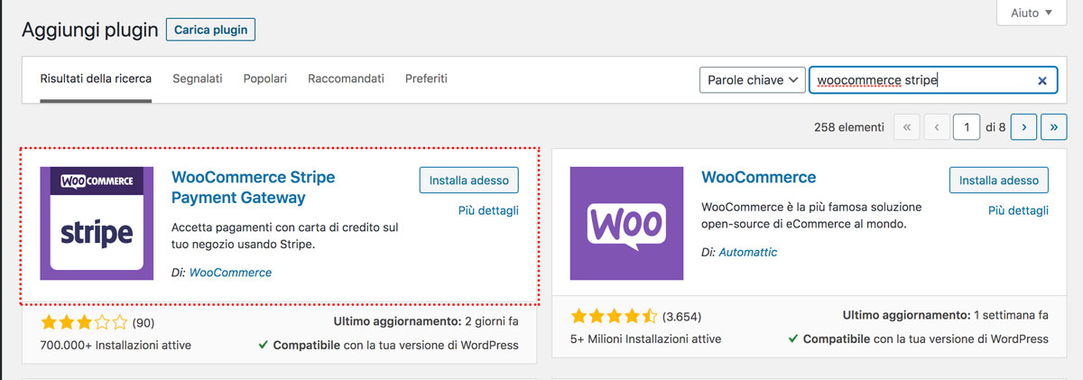 Installazione del plugin stripe per woocommerce