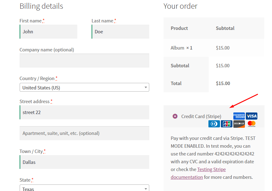 testare woocommerce stripe